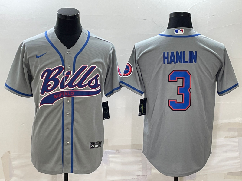 Men's Gray Buffalo Bills #3 Damar Hamlin With Patch Cool Base Stitched Baseball Jersey